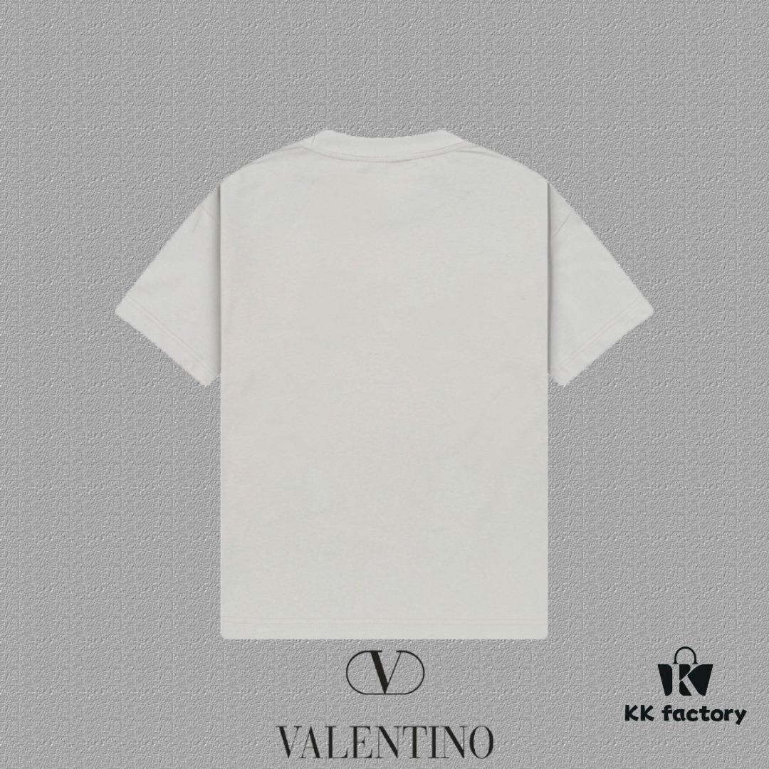 VALENTINO 2024FW Short Sleeve T-Shirt with Letter Logo Print, Premium 26s Double Yarn 300g Fabric, Heavyweight Cotton Blend, Custom Ribbed Trim Dyed-to-Match, Three Labels Included, Unisex Design