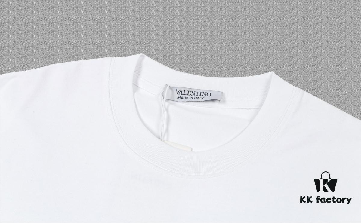 VALENTINO Men's and Women's Short Sleeve T-Shirt 2024FW Letter Logo Print Premium 26s Double Yarn 300g Fabric Heavyweight Custom Ribbed Jersey Dyed-to-Match Trims Three Labels Included