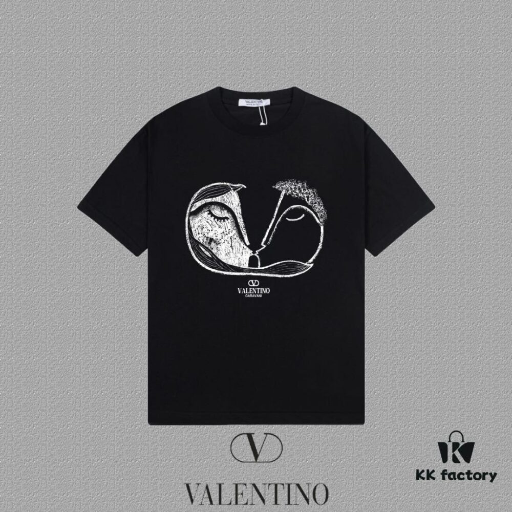 VALENTINO Men's and Women's Short Sleeve T-Shirt with Letter Logo Print, 2024FW Collection, Premium 26s Double Yarn 300g Fabric