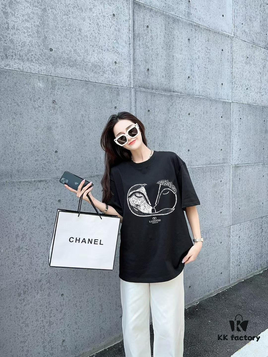 VALENTINO Men's and Women's Short Sleeve T-Shirt with Letter Logo Print, 2024FW Collection, Premium 26s Double Yarn 300g Fabric