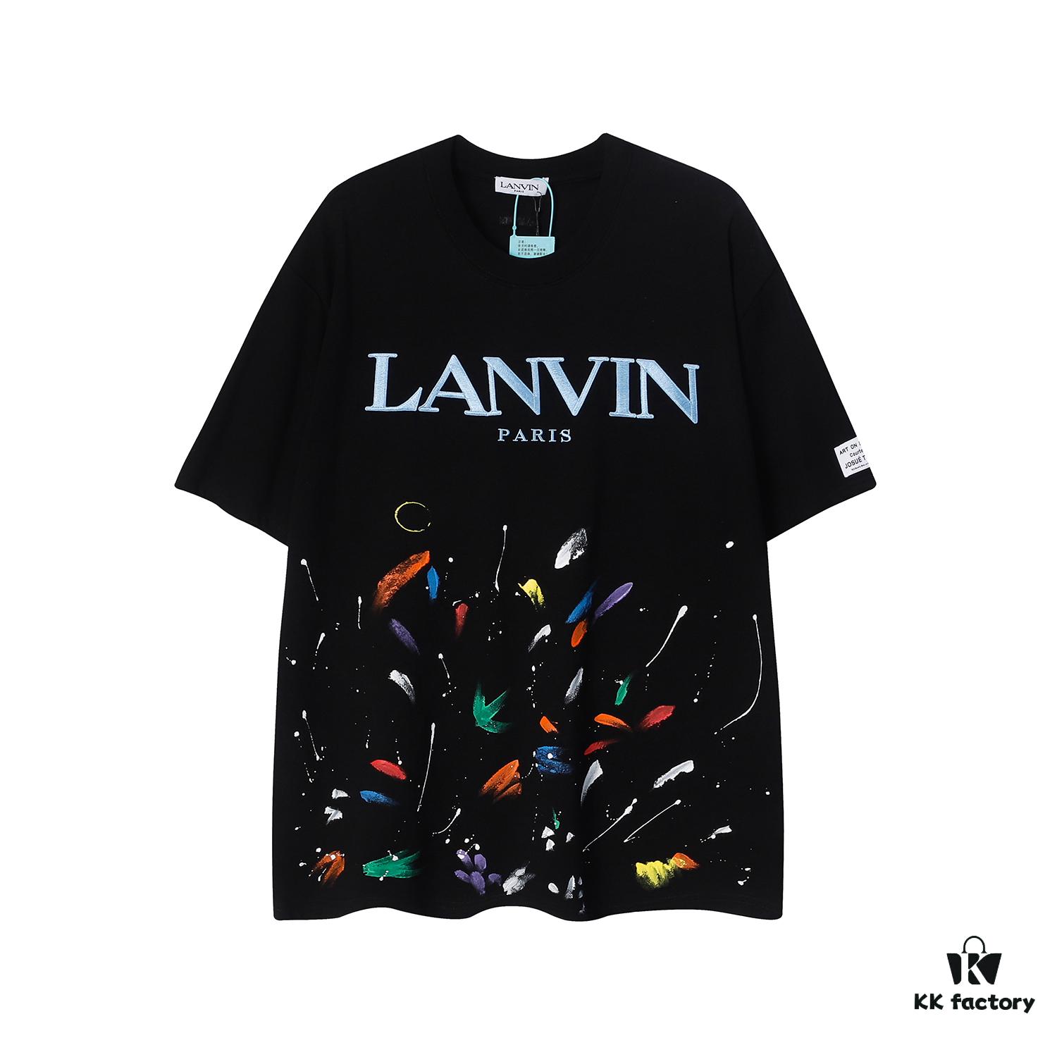 Lanvin LF57 Ink-Splatter Embroidered Loose Round-Neck Short-Sleeve Unisex Couple T-Shirt, Fashion Brand