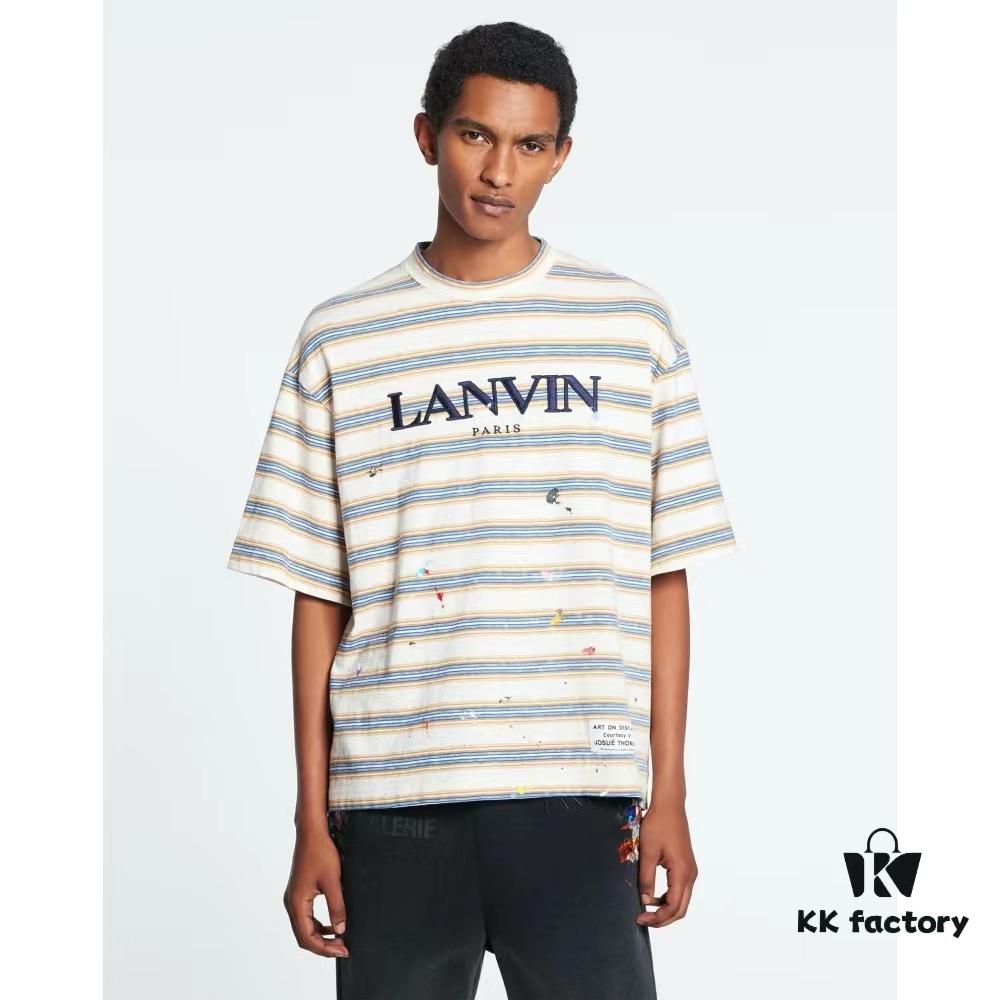 LF37 Summer New Arrival Streetwear LANVI Louvain Splatter Stripe Round Neck T-Shirt Unisex Short Sleeve, Custom-Woven 32-Single 100% Cotton Double-Yarn Plain Weave 250g