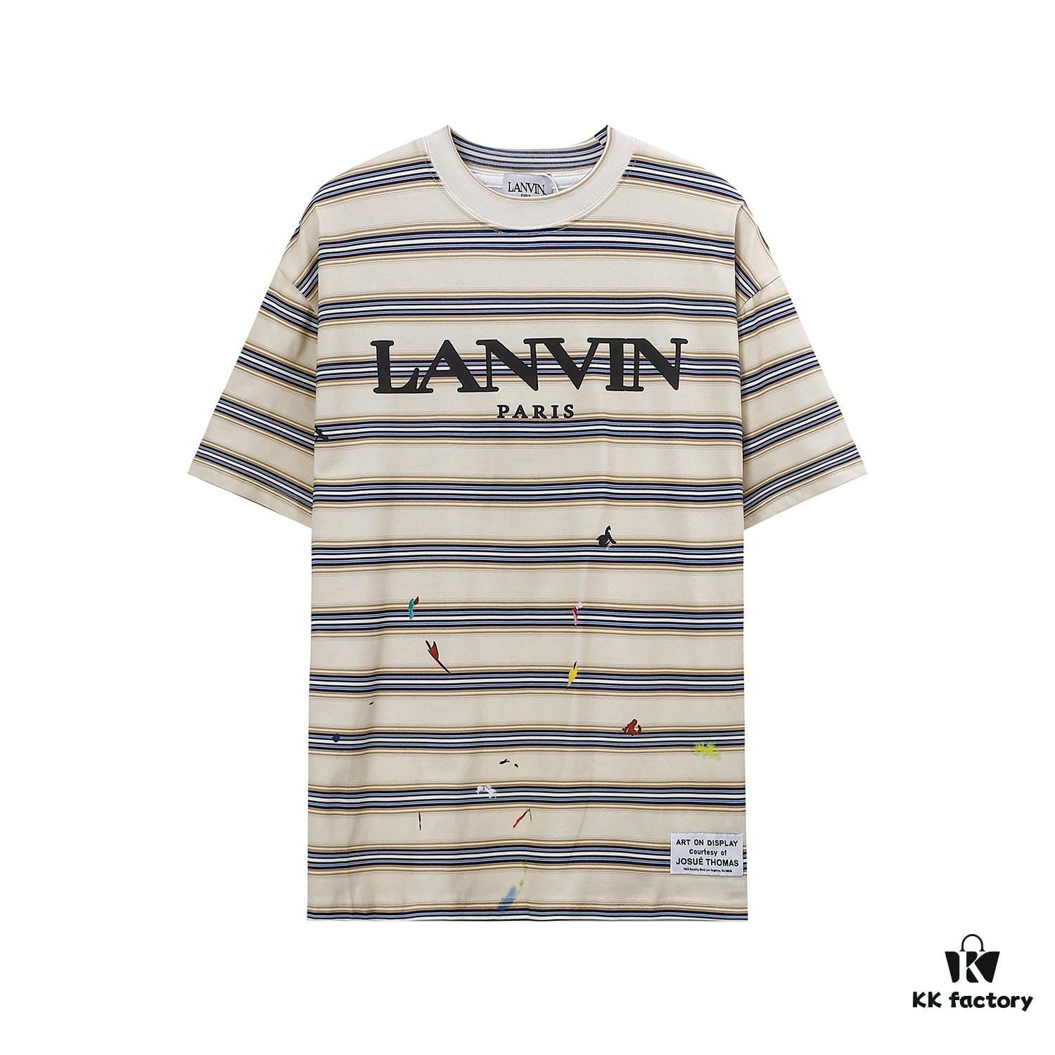 LF37 Summer New Arrival Streetwear LANVI Louvain Splatter Stripe Round Neck T-Shirt Unisex Short Sleeve, Custom-Woven 32-Single 100% Cotton Double-Yarn Plain Weave 250g