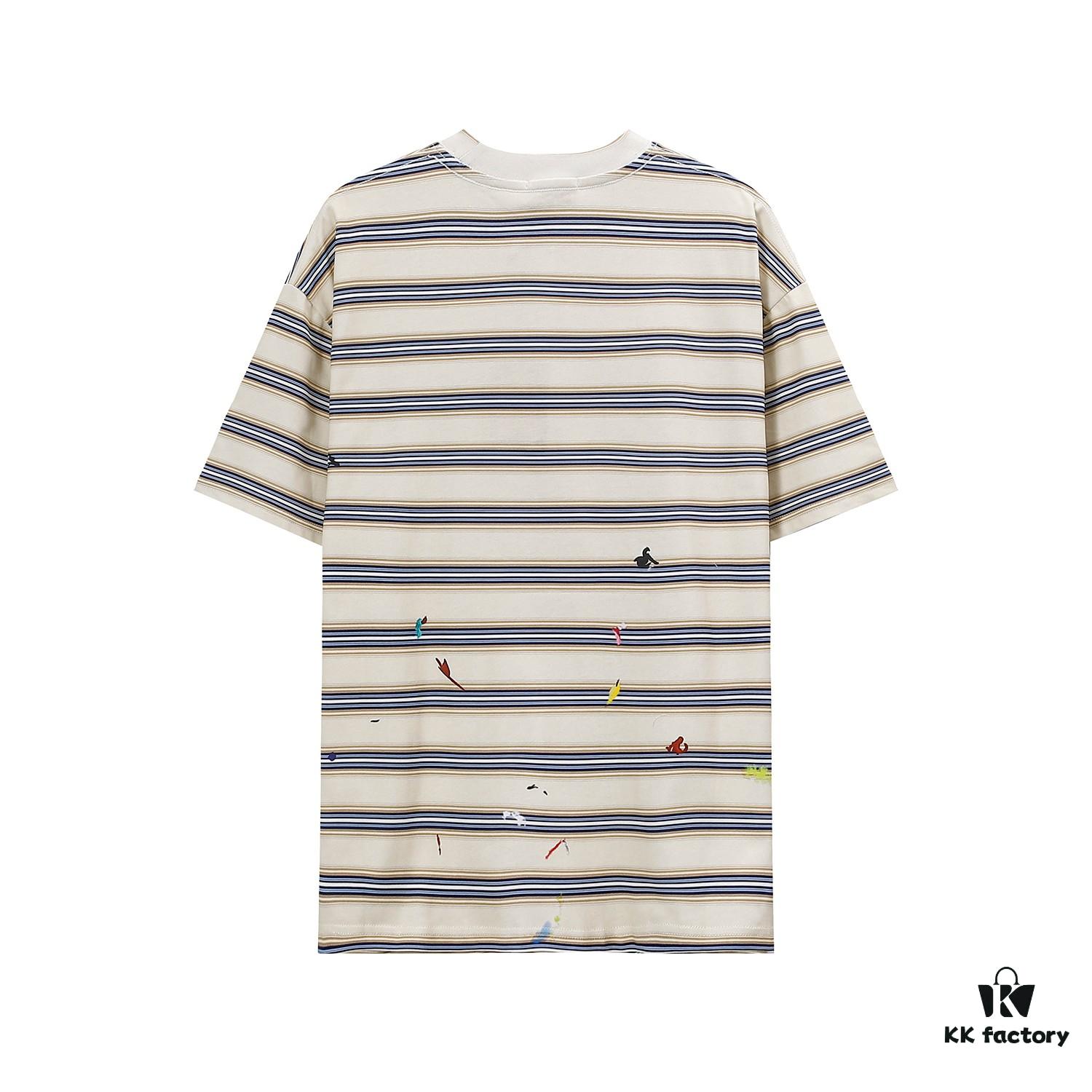 LF37 Summer New Arrival Streetwear LANVI Louvain Splatter Stripe Round Neck T-Shirt Unisex Short Sleeve, Custom-Woven 32-Single 100% Cotton Double-Yarn Plain Weave 250g