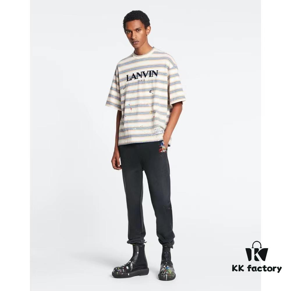 LF37 Summer New Arrival Streetwear LANVI Louvain Splatter Stripe Round Neck T-Shirt Unisex Short Sleeve, Custom-Woven 32-Single 100% Cotton Double-Yarn Plain Weave 250g