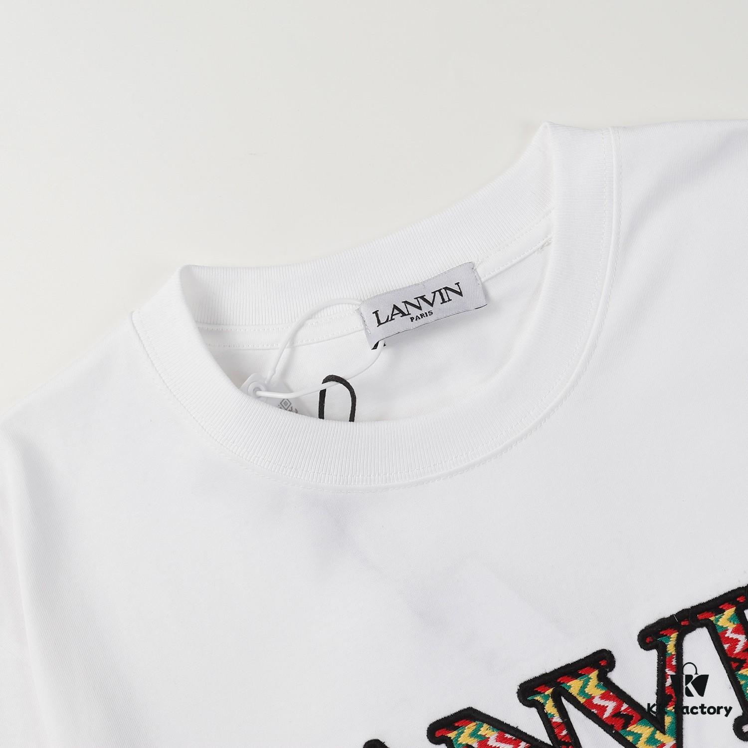 LANVIN New Arrival Simple Heavy Embroidery Logo T-Shirt (Same as Cheng Yi's Style), Unisex, Custom Woven Fabric, Ribbed Collar Resistant to Deformation