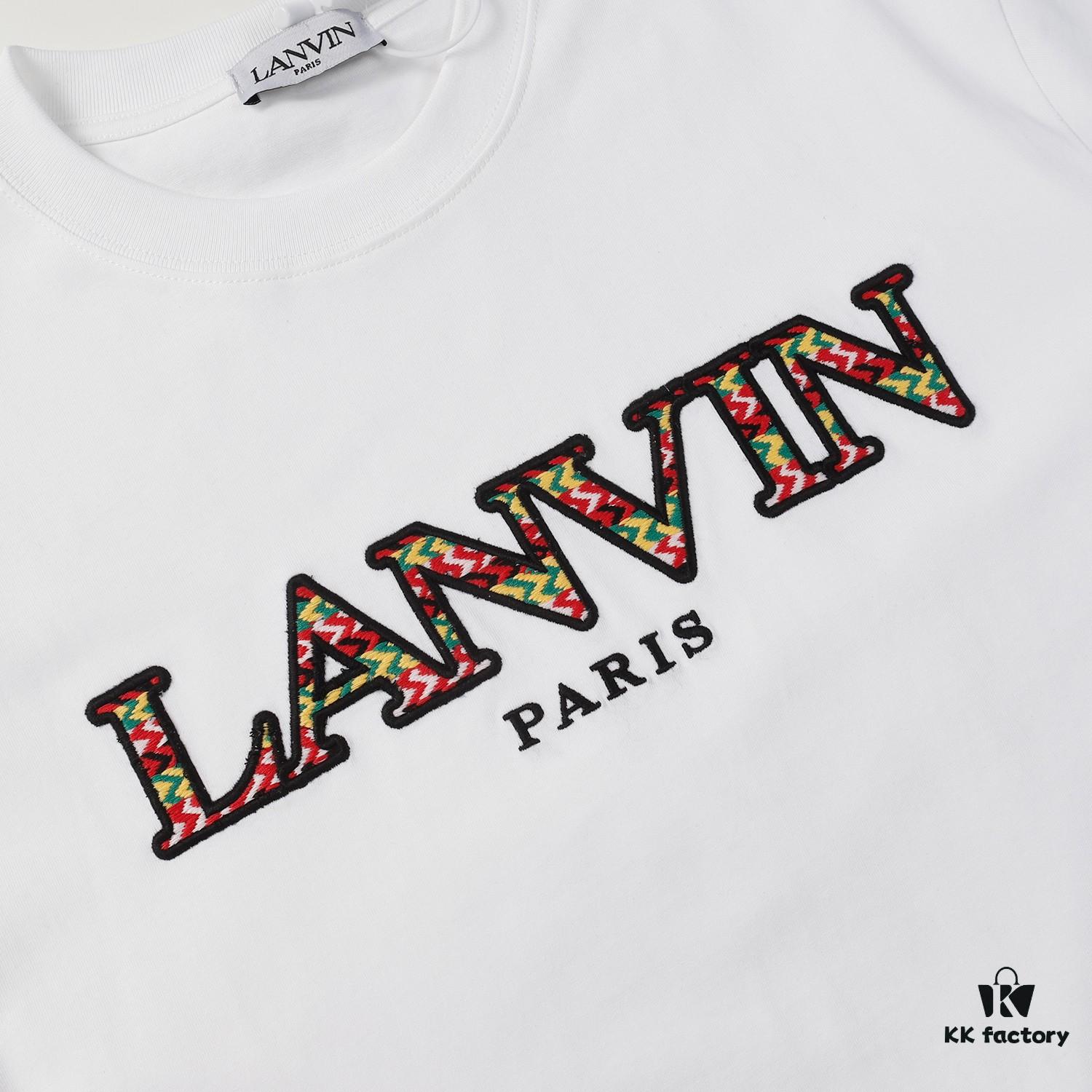 LANVIN New Arrival Simple Heavy Embroidery Logo T-Shirt (Same as Cheng Yi's Style), Unisex, Custom Woven Fabric, Ribbed Collar Resistant to Deformation