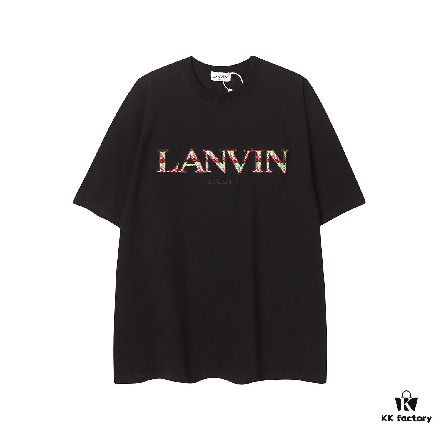 LANVIN New Arrival Simple Heavy Embroidery Logo T-Shirt (Same as Cheng Yi's Style), Unisex, Custom Woven Fabric, Ribbed Collar Resistant to Deformation