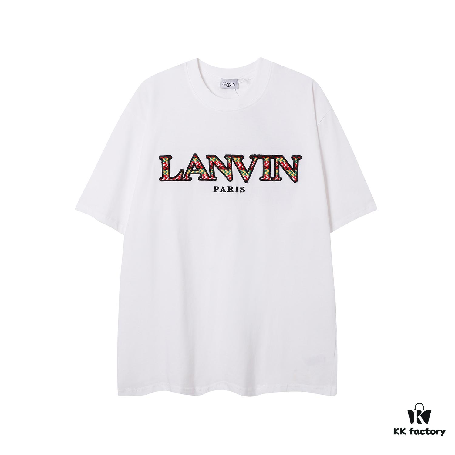 LANVIN New Arrival Simple Heavy Embroidery Logo T-Shirt (Same as Cheng Yi's Style), Unisex, Custom Woven Fabric, Ribbed Collar Resistant to Deformation