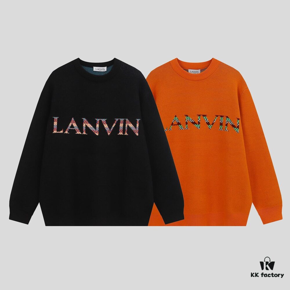 LF20 Lanvin Oversized Round Neck Sweater, Unisex Couple's Style, Trendy Pullover for Men and Women, Orange and Black, Size S to XL