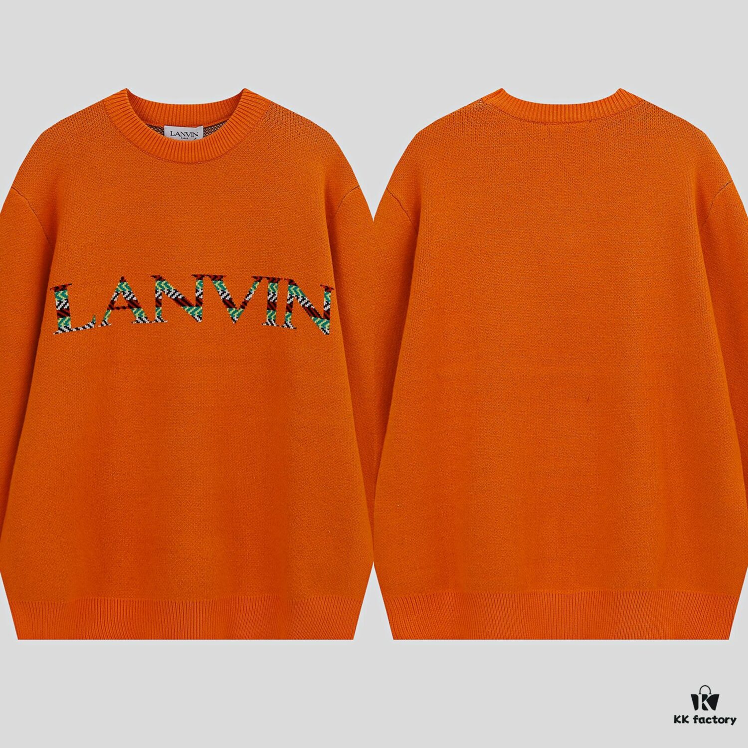 LF20 Lanvin Oversized Round Neck Sweater, Unisex Couple's Style, Trendy Pullover for Men and Women, Orange and Black, Size S to XL