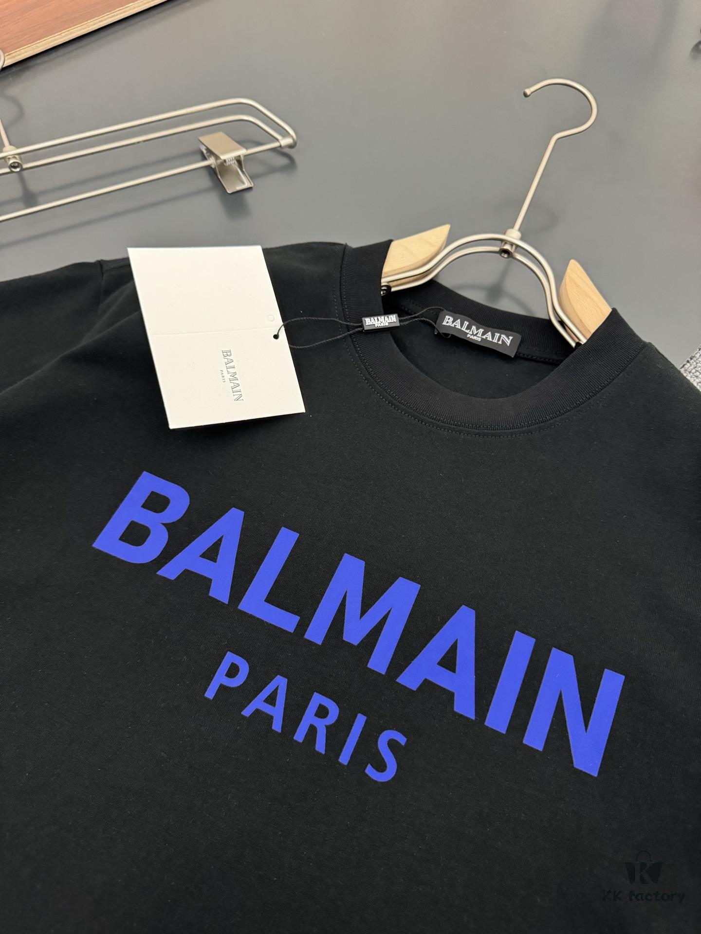 Balmain* Heavyweight 320g Cotton T-Shirt, Thick and Breathable Loose-Fit Short-Sleeve Crew Neck Tee with Logo Print Design, Spring/Summer New Arrival Fashion Casual Wear