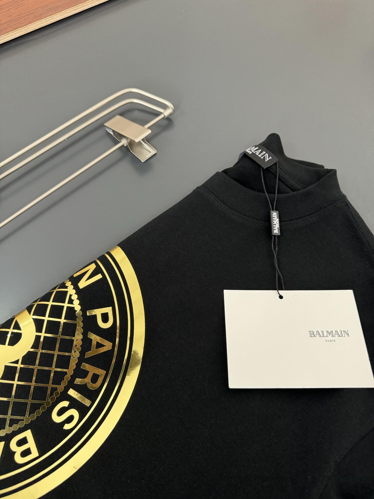 Balmain Heavyweight 320g Cotton T-Shirt, Thick and Breathable Loose-Fit Short-Sleeve Crew Neck Tee, New Spring-Summer Fashion with Gold Foil Logo Print