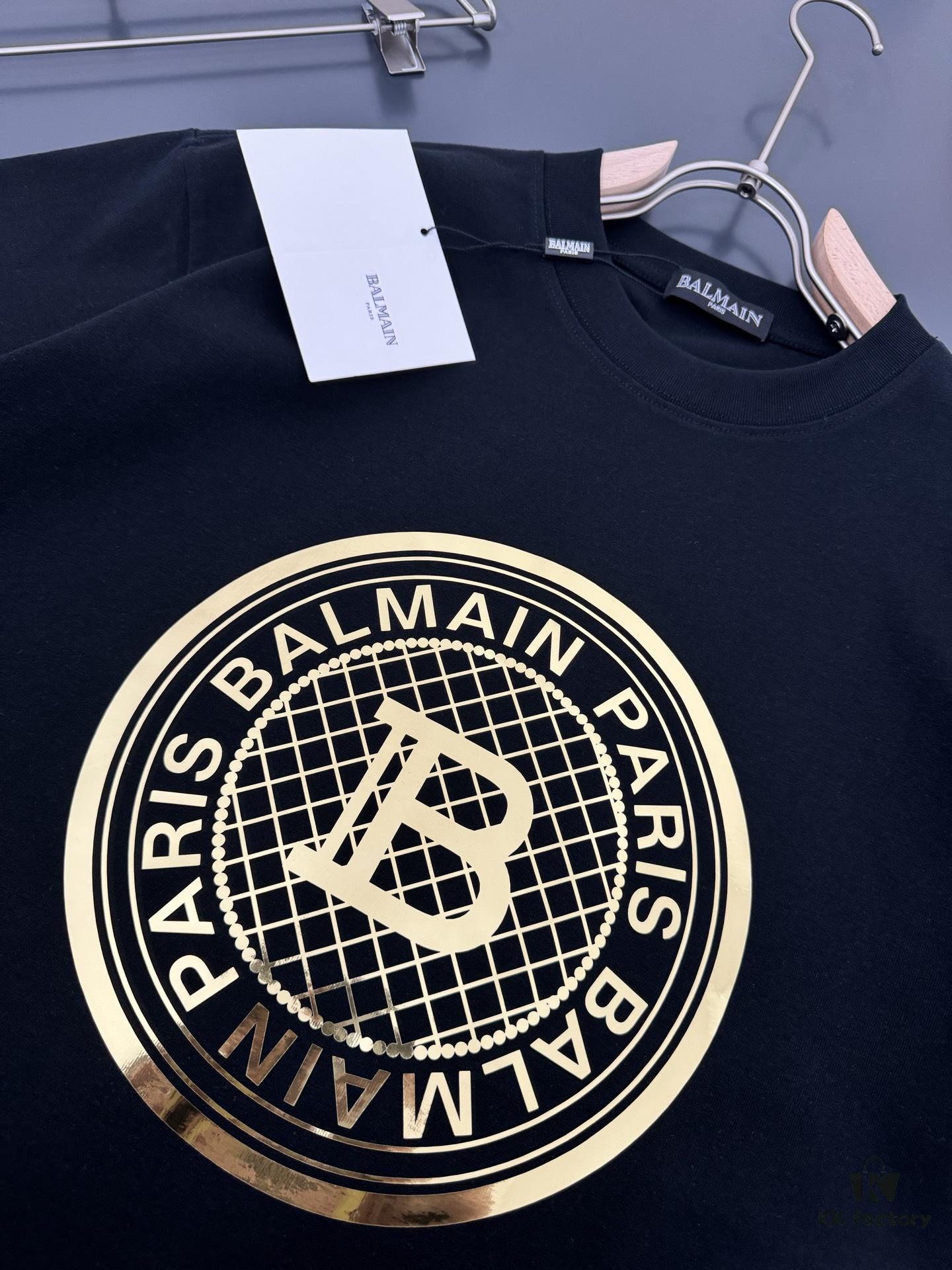 Balmain Heavyweight 320g Cotton T-Shirt, Thick and Breathable Loose-Fit Short-Sleeve Crew Neck Tee, New Spring-Summer Fashion with Gold Foil Logo Print