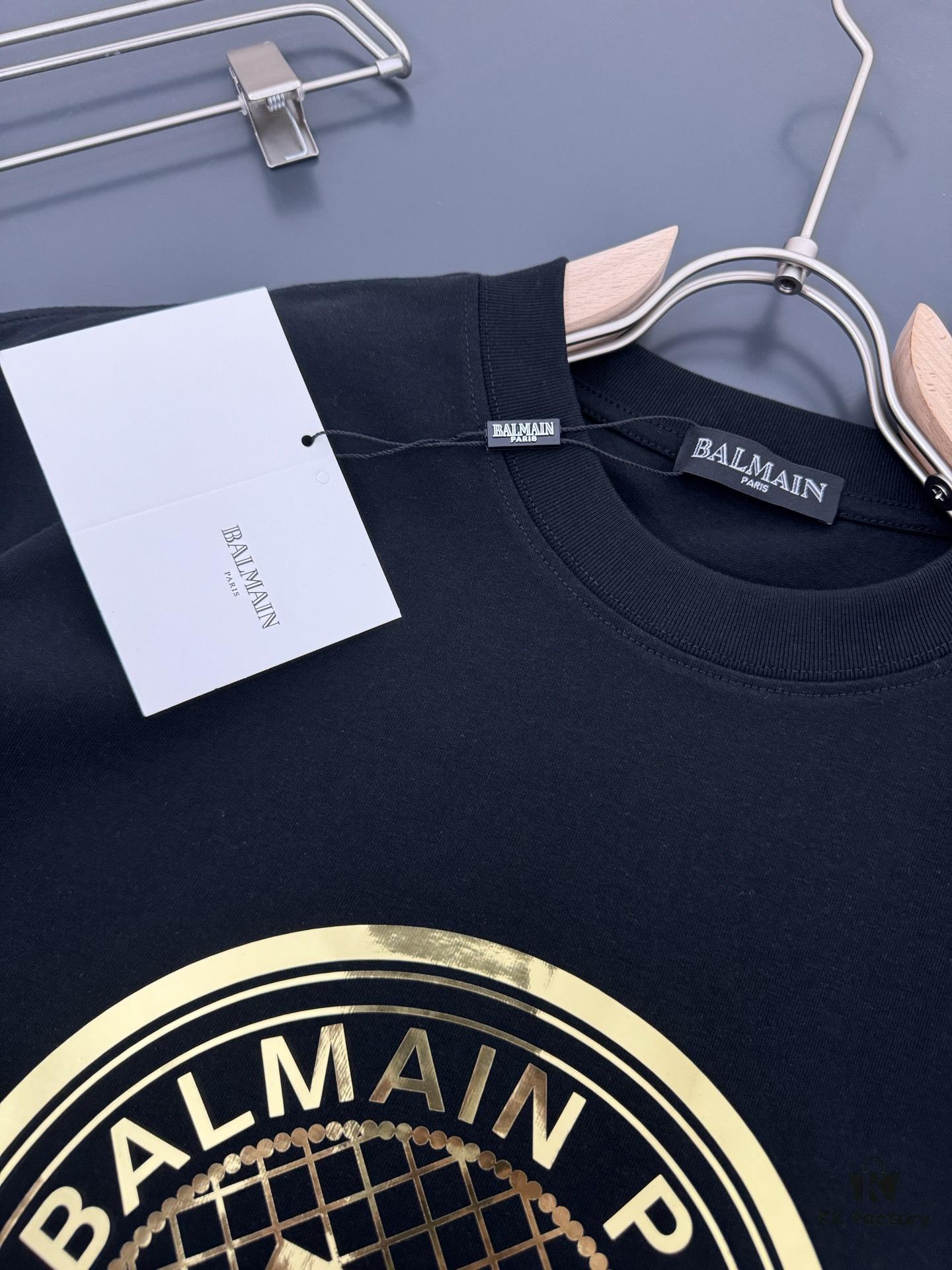 Balmain Heavyweight 320g Cotton T-Shirt, Thick and Breathable Loose-Fit Short-Sleeve Crew Neck Tee, New Spring-Summer Fashion with Gold Foil Logo Print