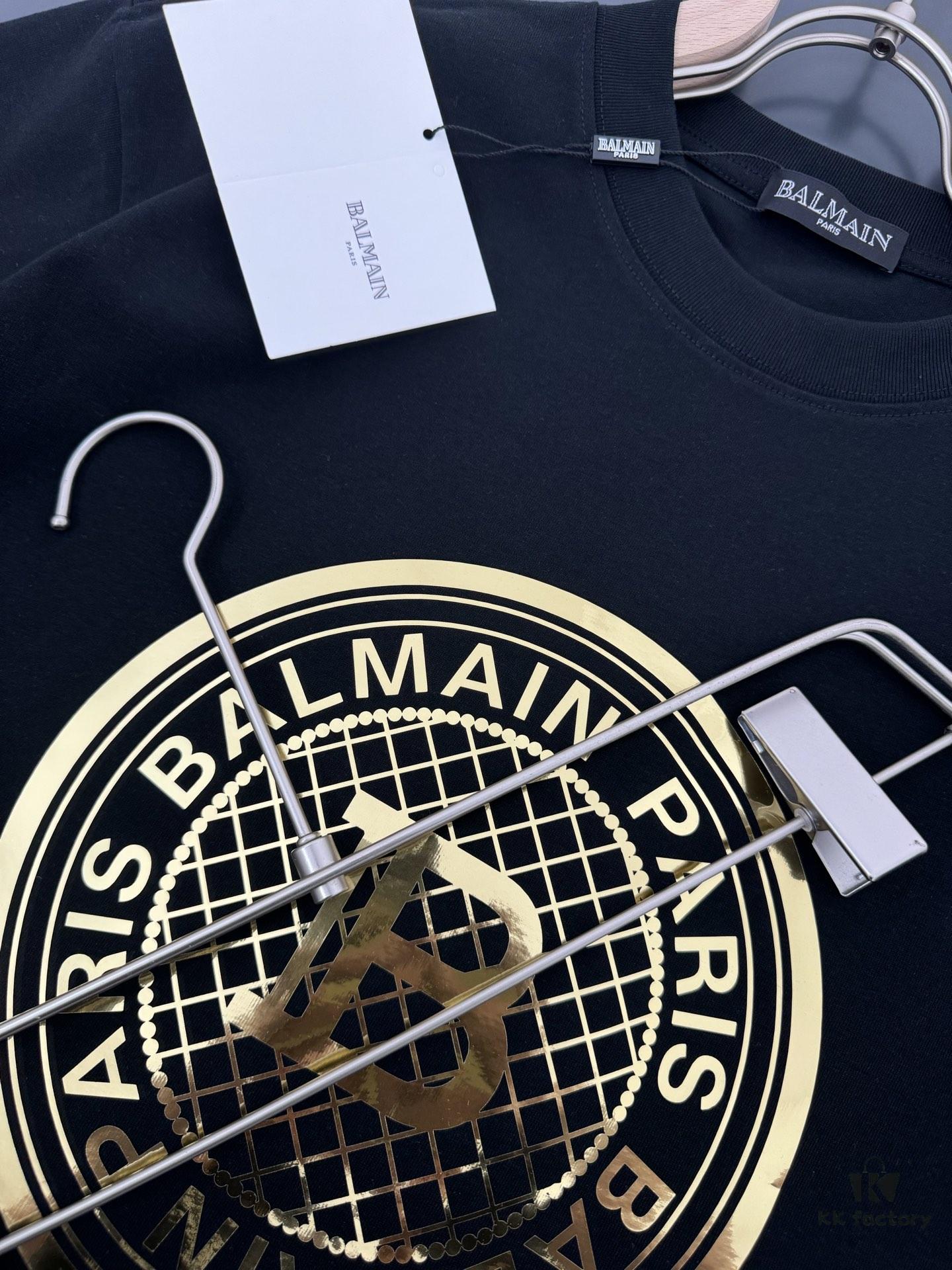 Balmain Heavyweight 320g Cotton T-Shirt, Thick and Breathable Loose-Fit Short-Sleeve Crew Neck Tee, New Spring-Summer Fashion with Gold Foil Logo Print