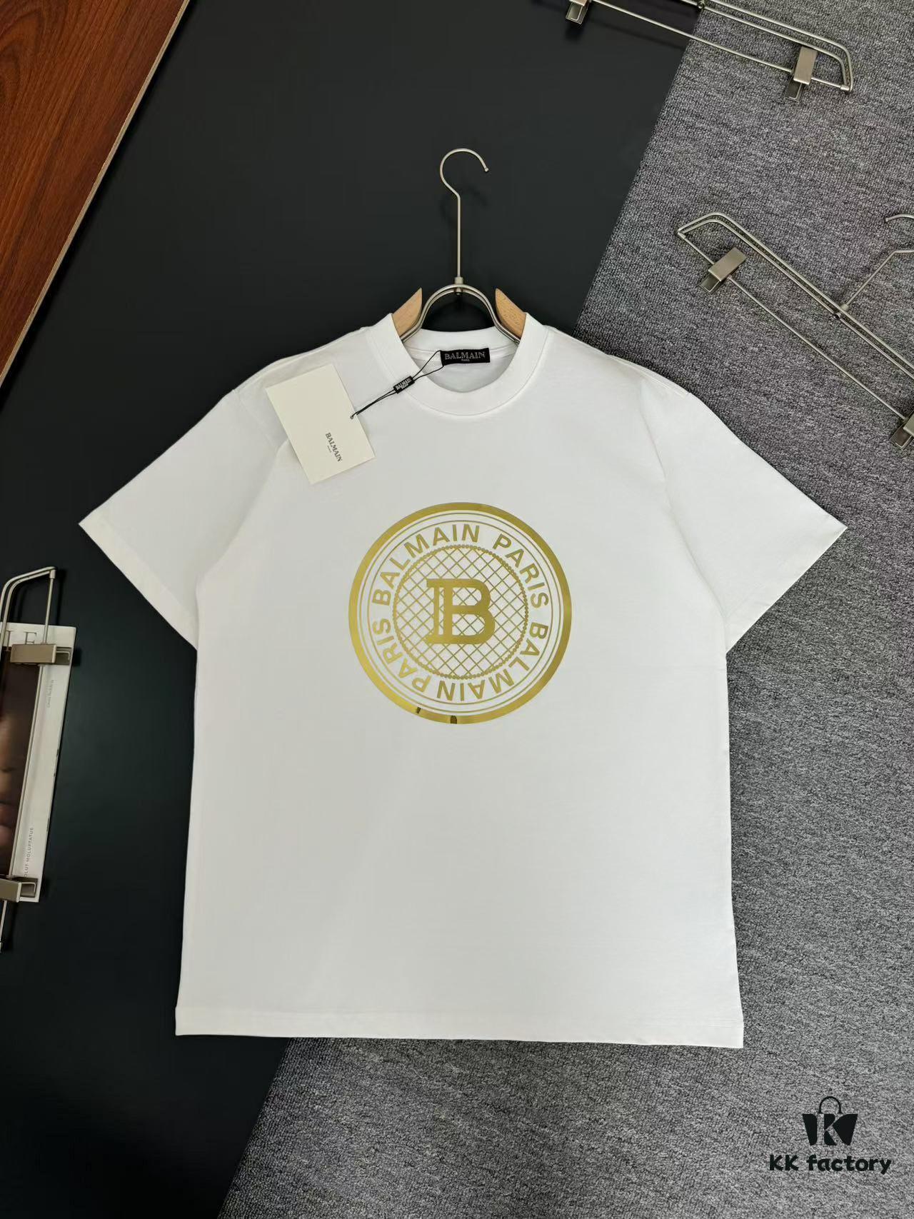 Balmain* 320g Heavyweight Cotton T-Shirt, Thick and Breathable, Loose Fit, Foil Print Logo Design, Spring/Summer New Round Neck Fashion Short Sleeve T-Shirt, Comfortable Against Skin, Stylish and Wearable, Original Craftsmanship, Casual Versatile Essential