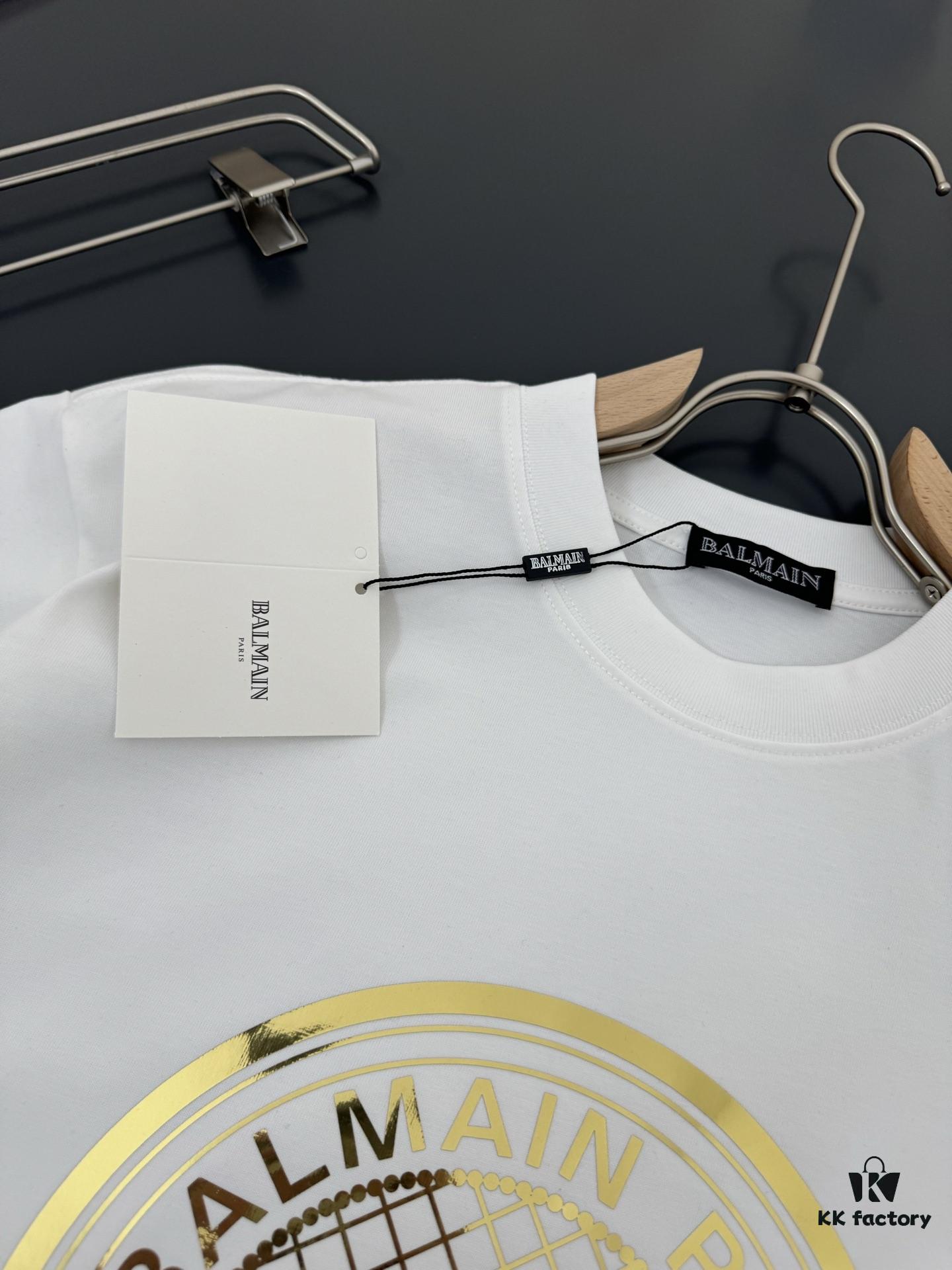 Balmain* 320g Heavyweight Cotton T-Shirt, Thick and Breathable, Loose Fit, Foil Print Logo Design, Spring/Summer New Round Neck Fashion Short Sleeve T-Shirt, Comfortable Against Skin, Stylish and Wearable, Original Craftsmanship, Casual Versatile Essential