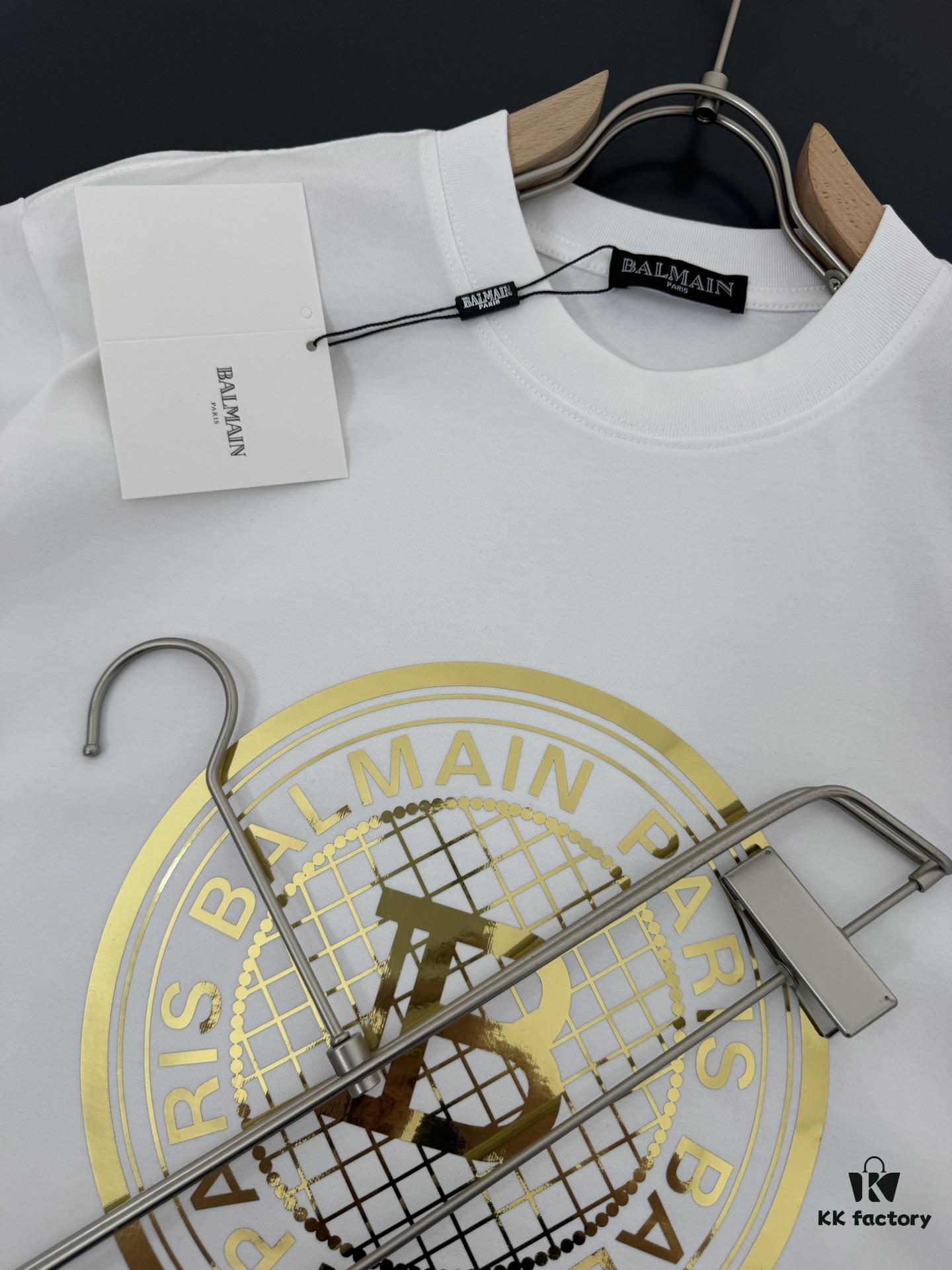 Balmain* 320g Heavyweight Cotton T-Shirt, Thick and Breathable, Loose Fit, Foil Print Logo Design, Spring/Summer New Round Neck Fashion Short Sleeve T-Shirt, Comfortable Against Skin, Stylish and Wearable, Original Craftsmanship, Casual Versatile Essential