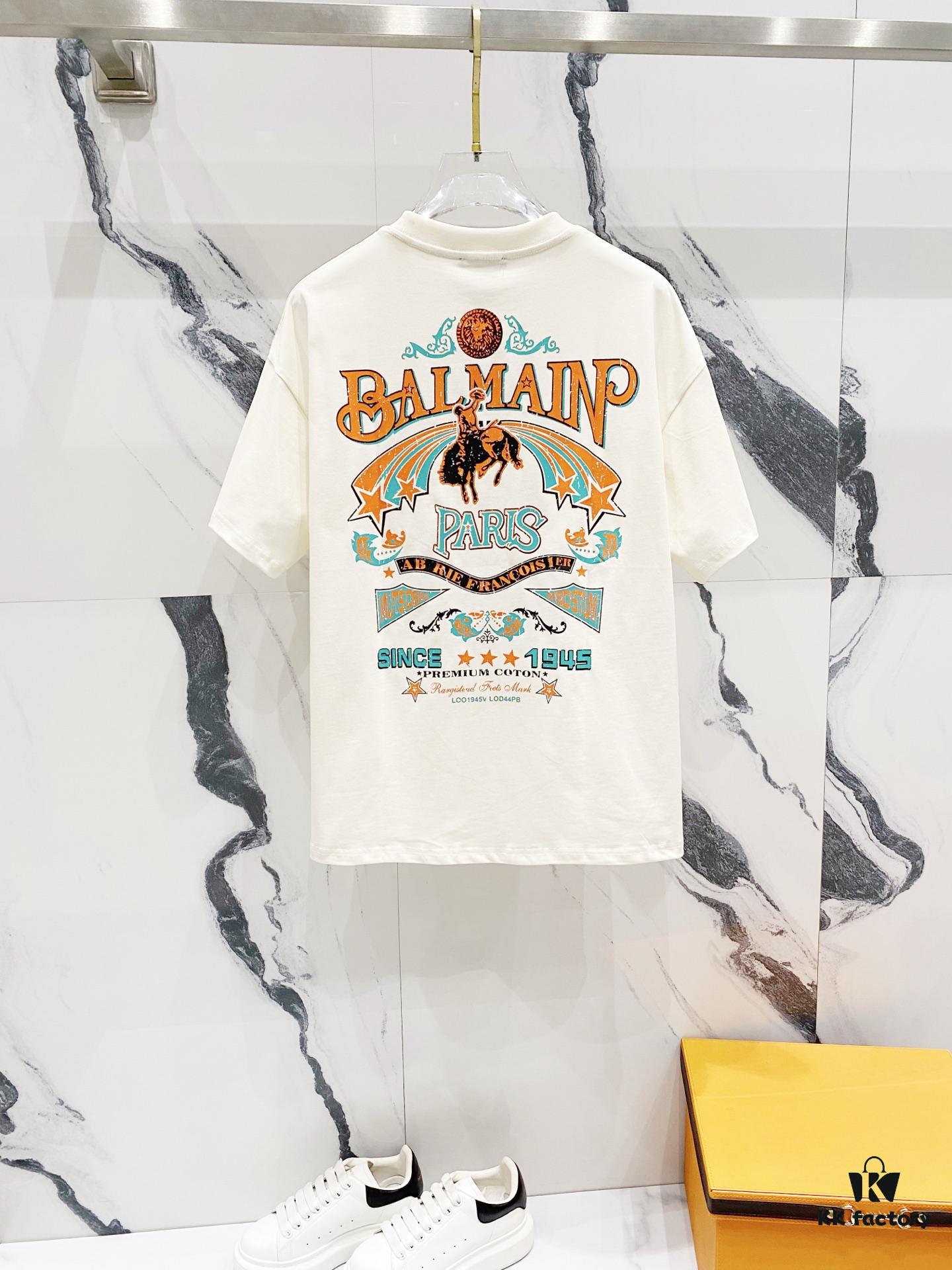 BALMAIN Men's 260g Crew Neck Short Sleeve T-Shirt with Embroidered Logo and Brand Print