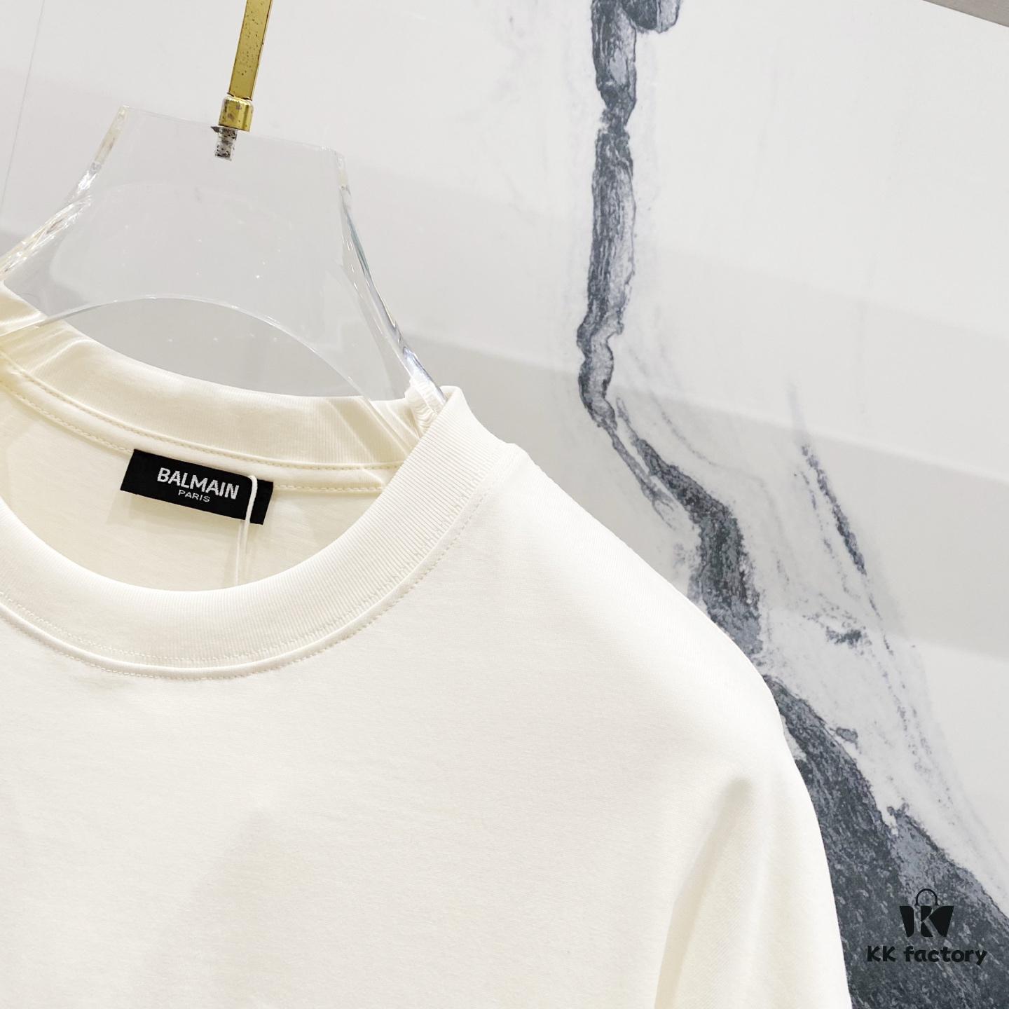 BALMAIN Men's 260g Crew Neck Short Sleeve T-Shirt with Embroidered Logo and Brand Print