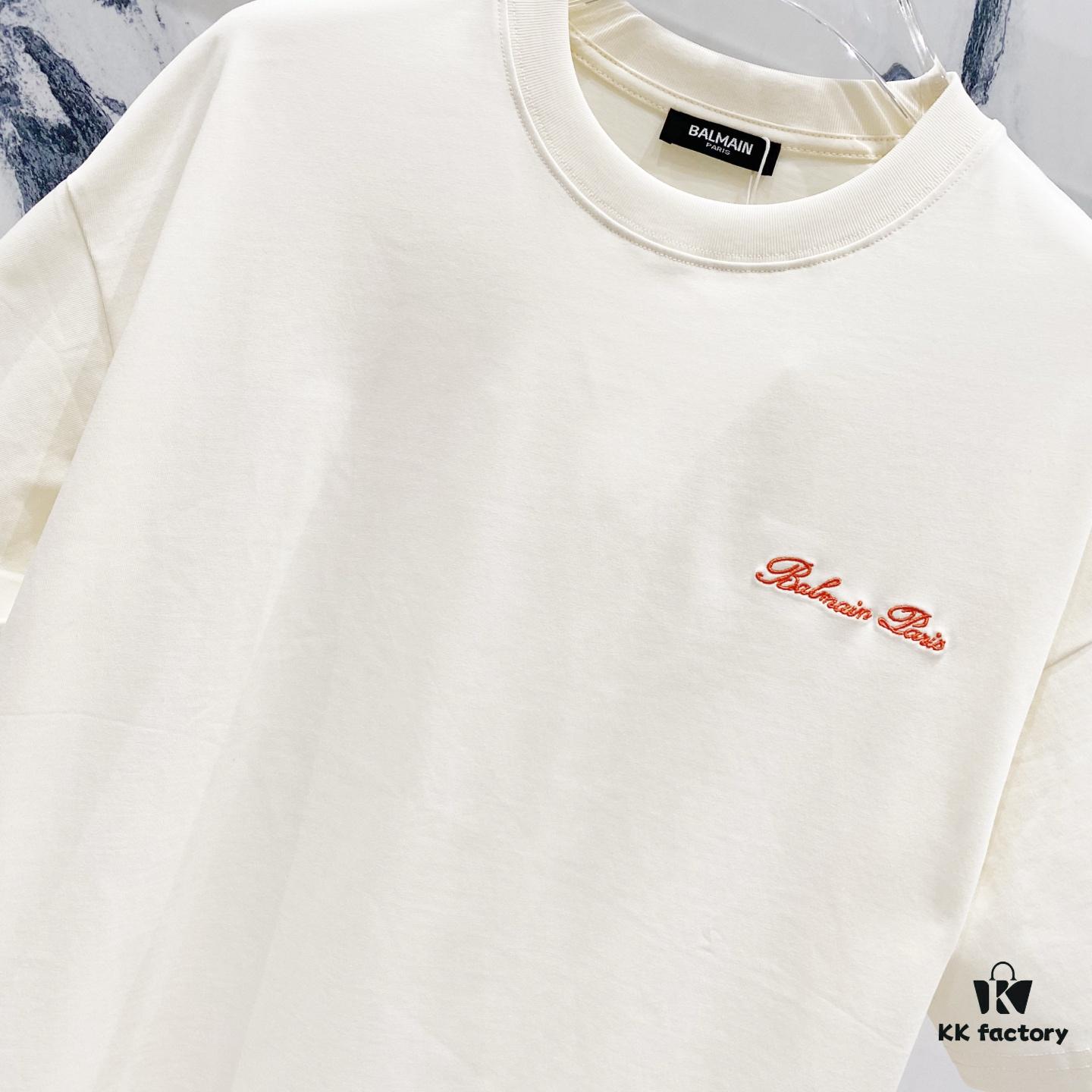 BALMAIN Men's 260g Crew Neck Short Sleeve T-Shirt with Embroidered Logo and Brand Print