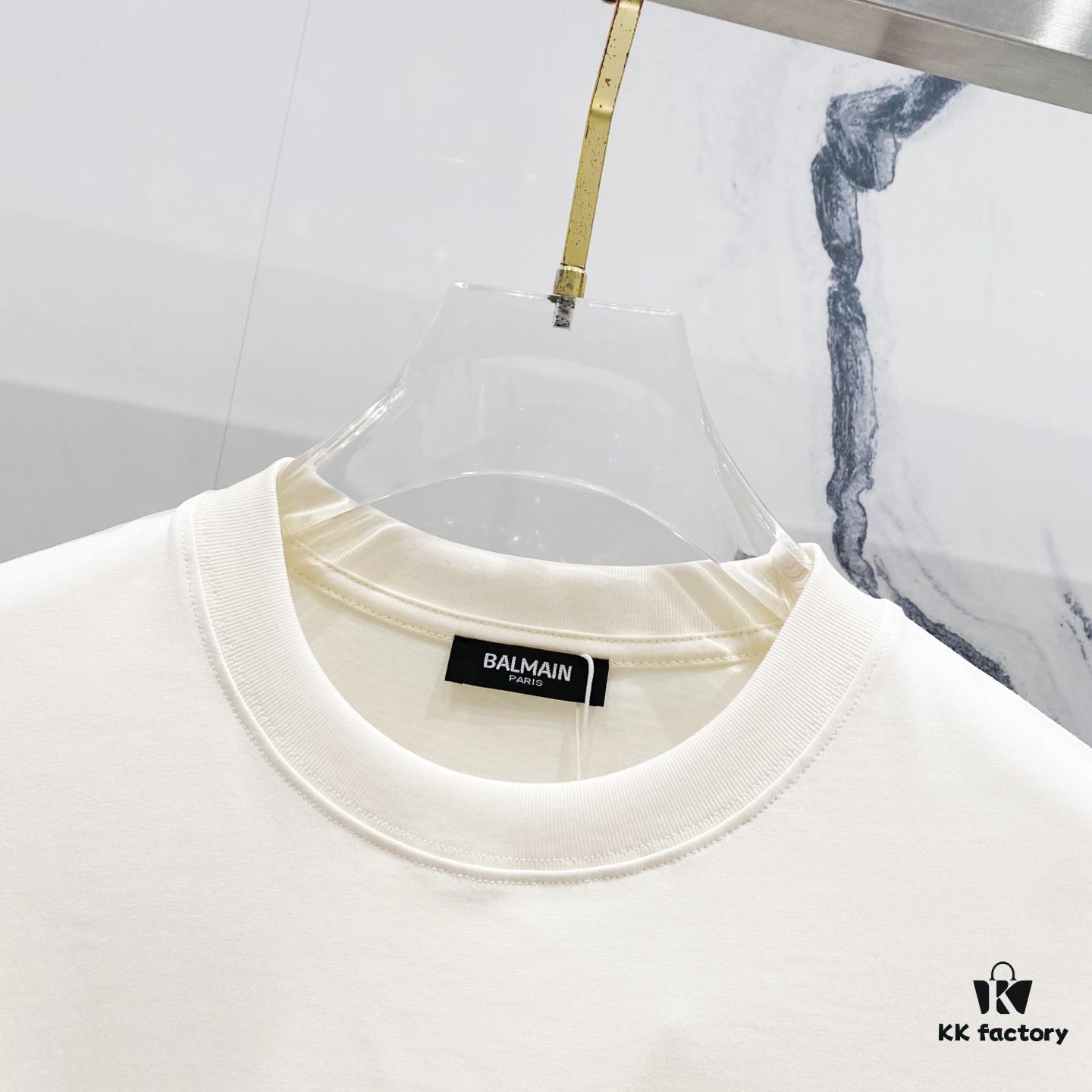 BALMAIN Men's 260g Crew Neck Short Sleeve T-Shirt with Embroidered Logo and Brand Print