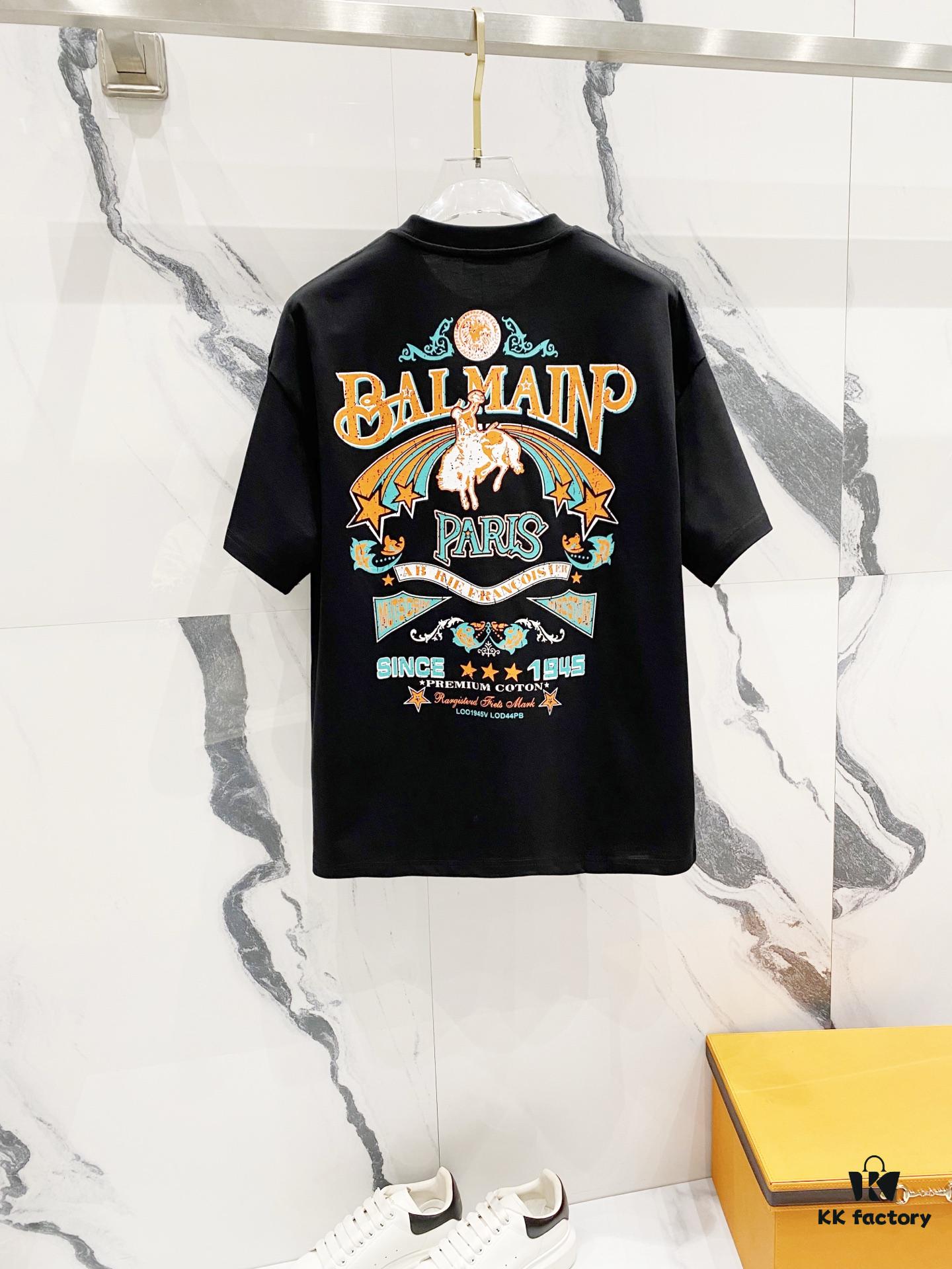 BALMAIN 260g Crew Neck Short Sleeve T-Shirt Embroidered Small Letter Logo Saint Warrior Brand Print Design