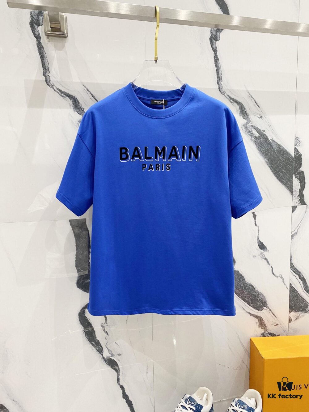 BALMAIN Men's 260g Crew Neck Short Sleeve T-Shirt with Brand Letter Flocked Overlapping Logo Print