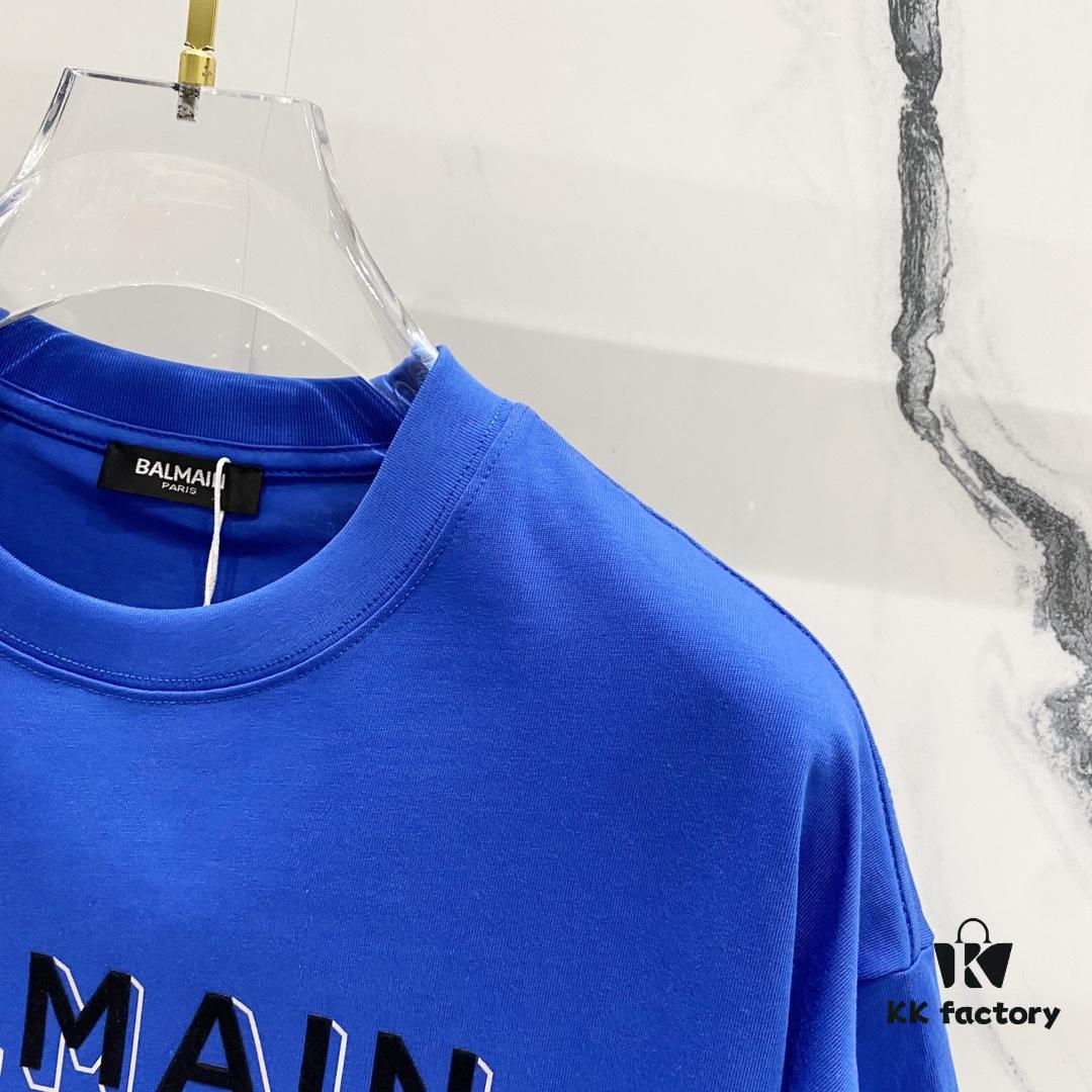 BALMAIN Men's 260g Crew Neck Short Sleeve T-Shirt with Brand Letter Flocked Overlapping Logo Print