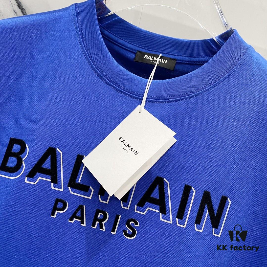 BALMAIN Men's 260g Crew Neck Short Sleeve T-Shirt with Brand Letter Flocked Overlapping Logo Print