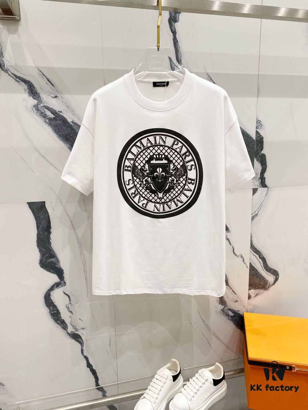 BALMAIN 260g Crew Neck Short Sleeve T-Shirt with Angel Shield and Letter Logo Print