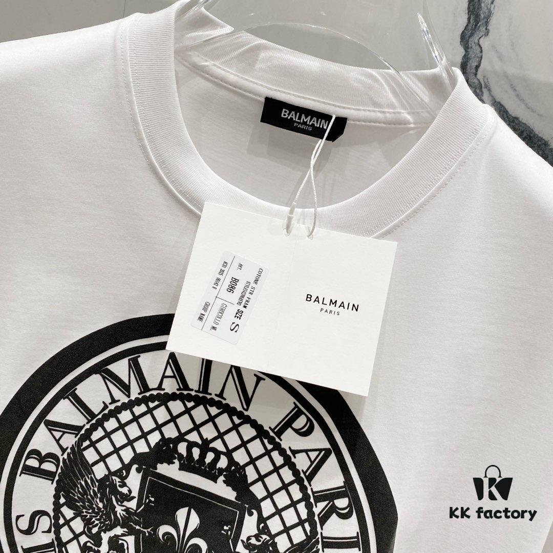 BALMAIN 260g Crew Neck Short Sleeve T-Shirt with Angel Shield and Letter Logo Print