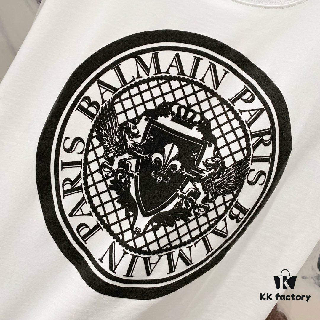 BALMAIN 260g Crew Neck Short Sleeve T-Shirt with Angel Shield and Letter Logo Print