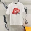 BALMAIN Crew Neck Short Sleeve T-Shirt 260g with Brand Logo and Red Lip Print