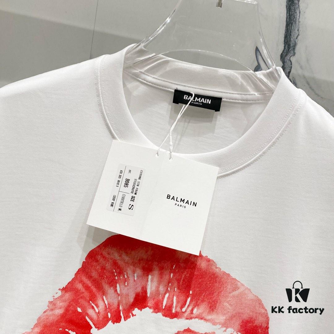 BALMAIN Crew Neck Short Sleeve T-Shirt 260g with Brand Logo and Red Lip Print