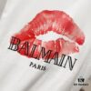 BALMAIN Crew Neck Short Sleeve T-Shirt 260g with Brand Logo and Red Lip Print