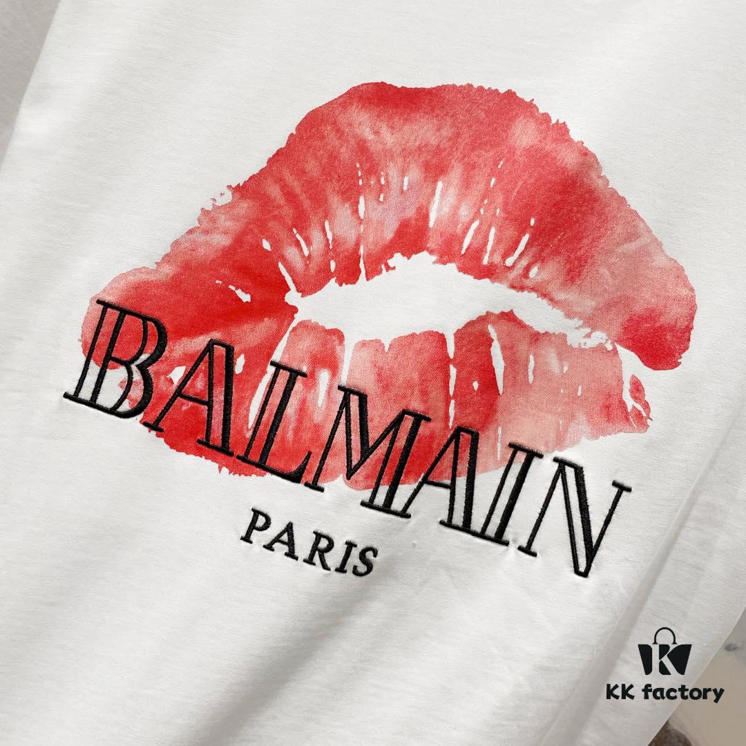 BALMAIN Crew Neck Short Sleeve T-Shirt 260g with Brand Logo and Red Lip Print