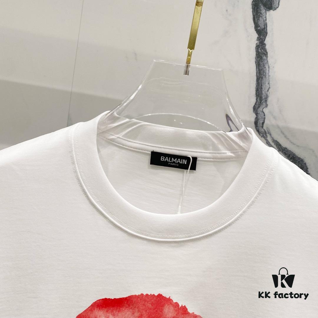 BALMAIN Crew Neck Short Sleeve T-Shirt 260g with Brand Logo and Red Lip Print