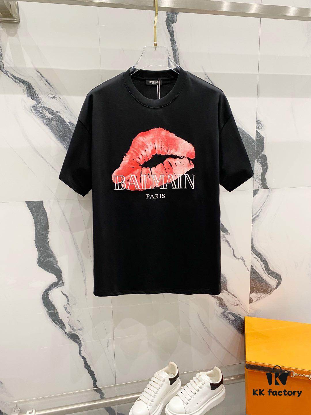 BALMAIN Red Lip Print Round Neck Short Sleeve T-Shirt 260g