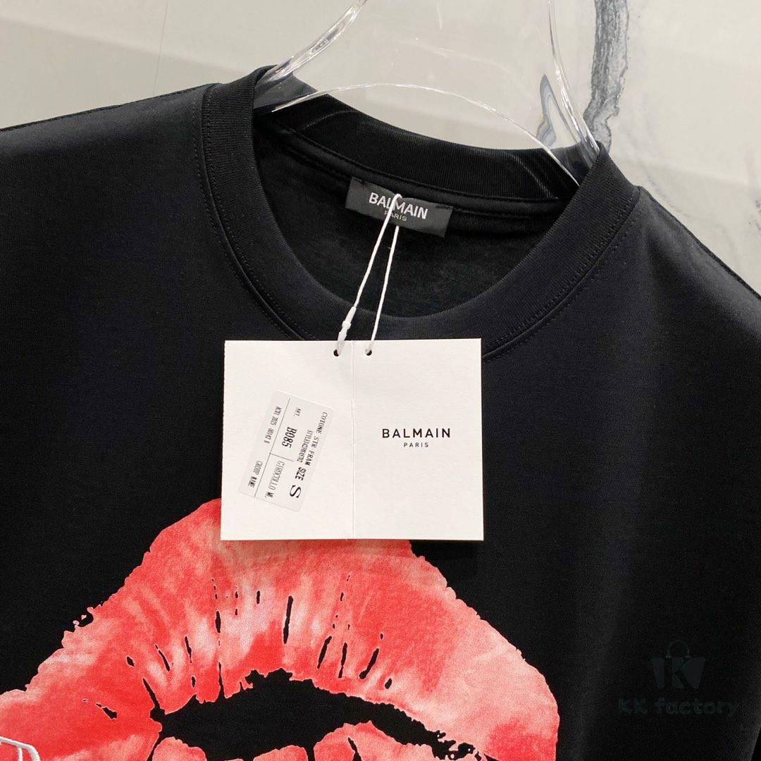 BALMAIN Red Lip Print Round Neck Short Sleeve T-Shirt 260g