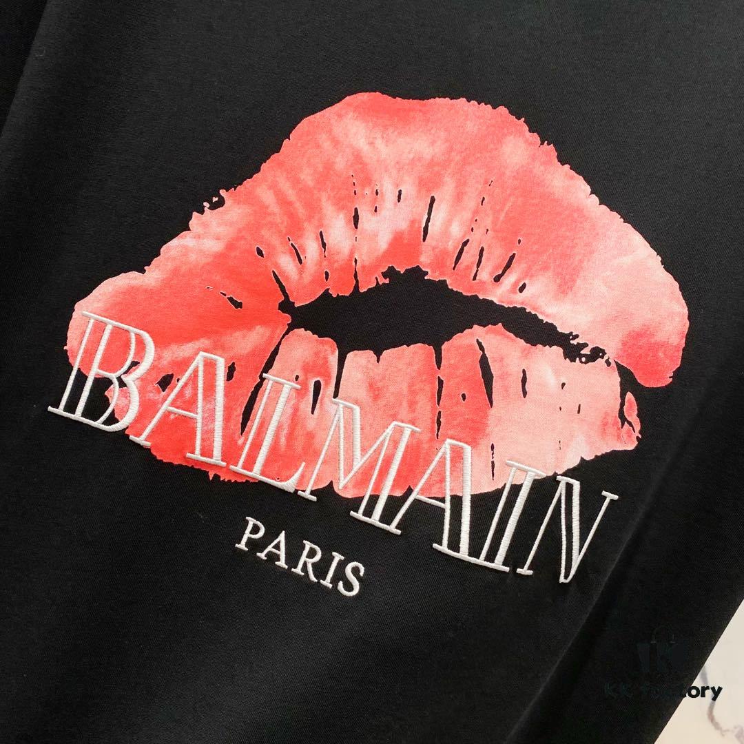 BALMAIN Red Lip Print Round Neck Short Sleeve T-Shirt 260g