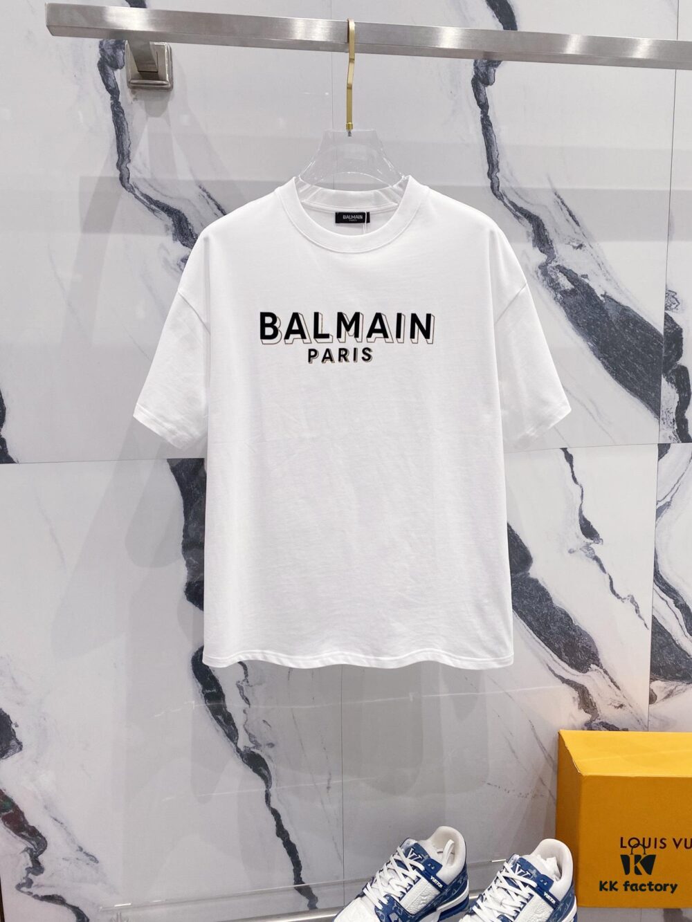 BALMAIN Men's 260g Crew Neck Short Sleeve T-Shirt with Brand Letter Flocked Shadow Print Logo