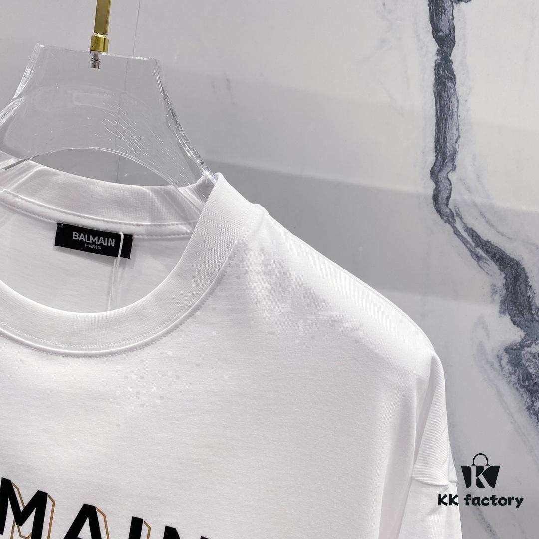 BALMAIN Men's 260g Crew Neck Short Sleeve T-Shirt with Brand Letter Flocked Shadow Print Logo