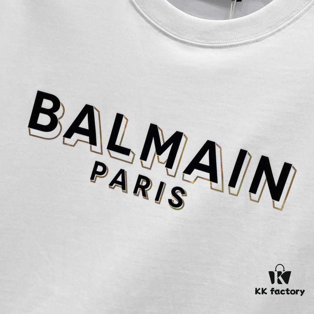 BALMAIN Men's 260g Crew Neck Short Sleeve T-Shirt with Brand Letter Flocked Shadow Print Logo