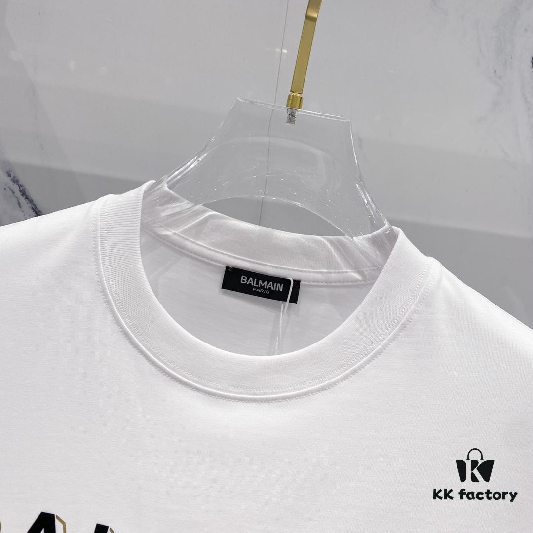 BALMAIN Men's 260g Crew Neck Short Sleeve T-Shirt with Brand Letter Flocked Shadow Print Logo