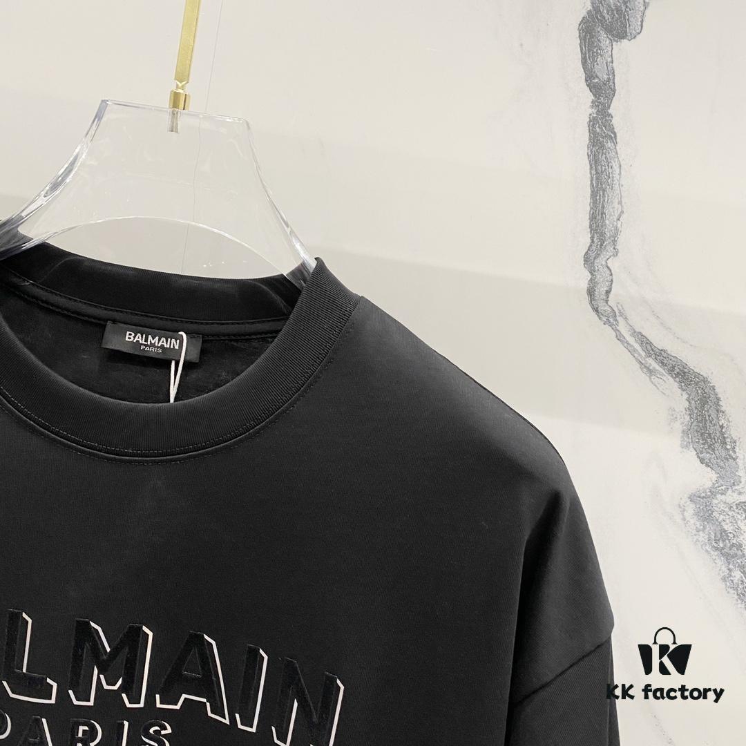 BALMAIN Men's 260g Crew Neck Short Sleeve T-Shirt with Brand Letter Flocked Overlapping Logo Print