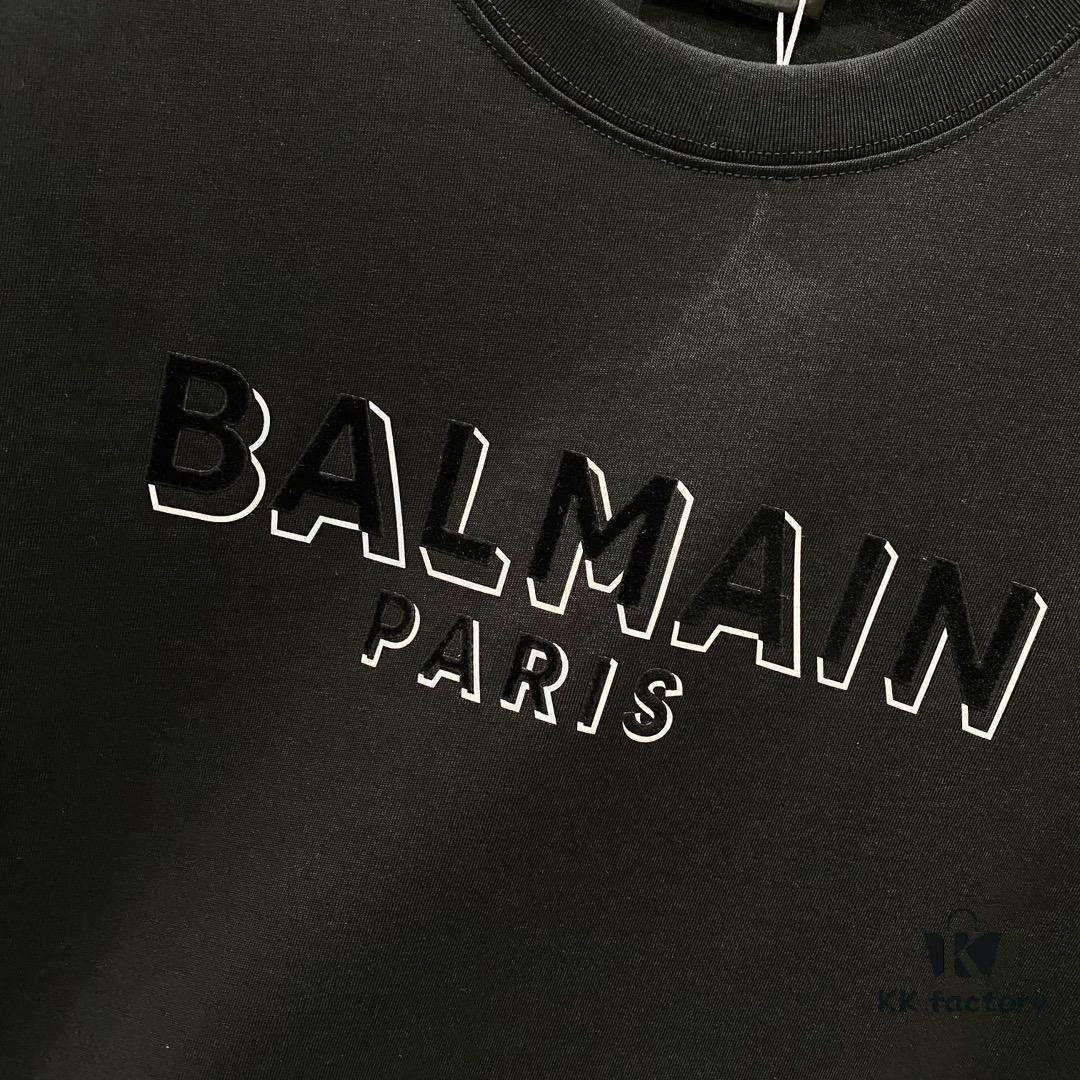 BALMAIN Men's 260g Crew Neck Short Sleeve T-Shirt with Brand Letter Flocked Overlapping Logo Print