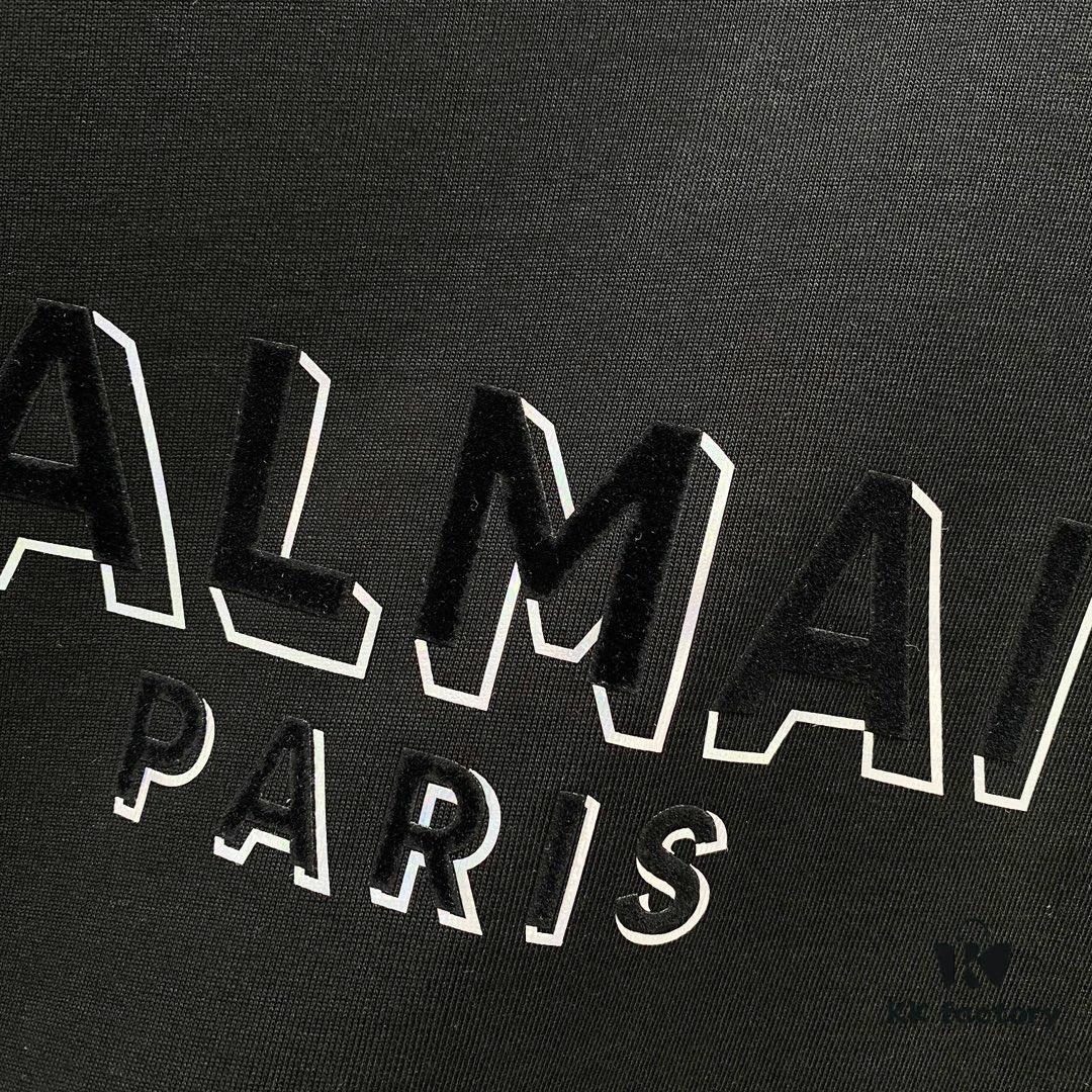 BALMAIN Men's 260g Crew Neck Short Sleeve T-Shirt with Brand Letter Flocked Overlapping Logo Print