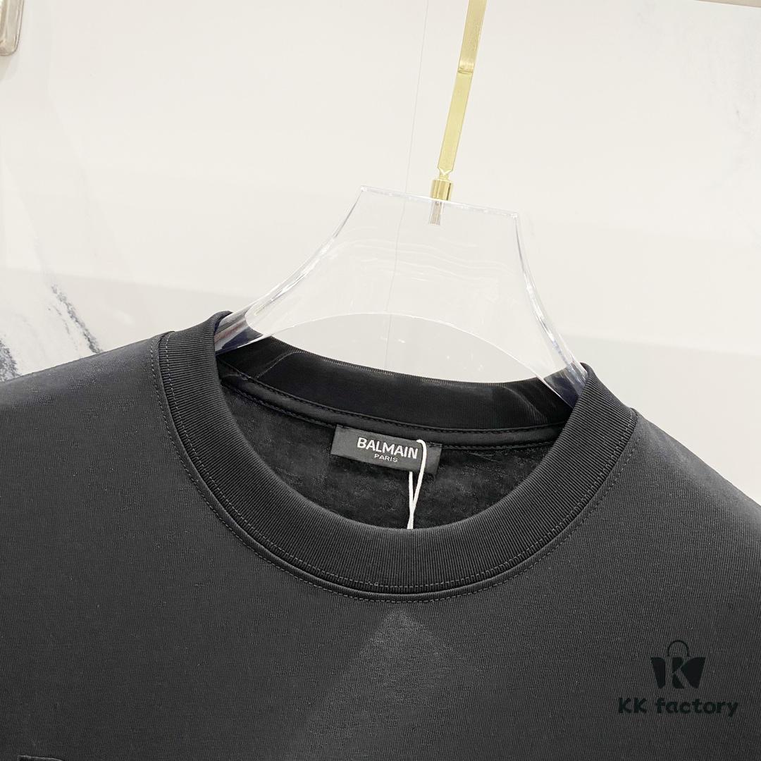 BALMAIN Men's 260g Crew Neck Short Sleeve T-Shirt with Brand Letter Flocked Overlapping Logo Print